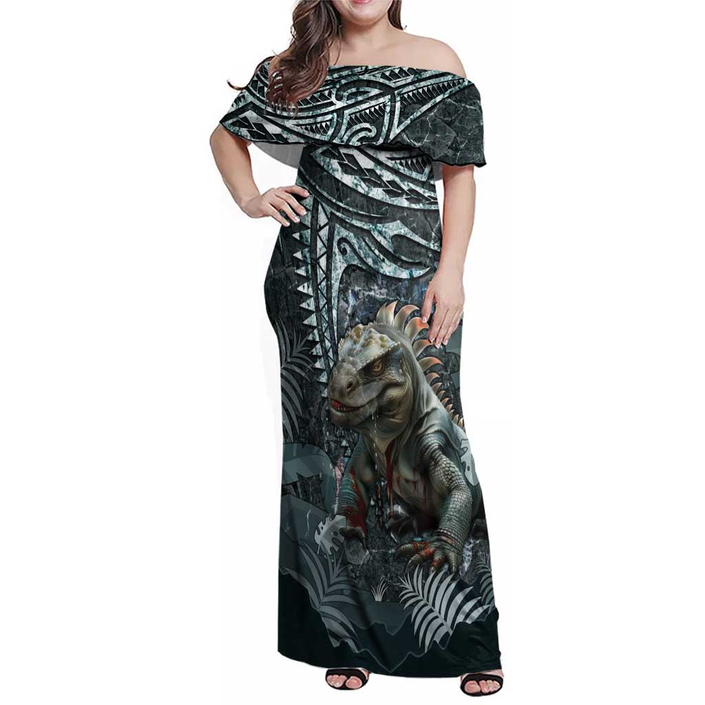 Hawaii Mo'o Lizard God Family Matching Off Shoulder Maxi Dress and Hawaiian Shirt Polynesian Style