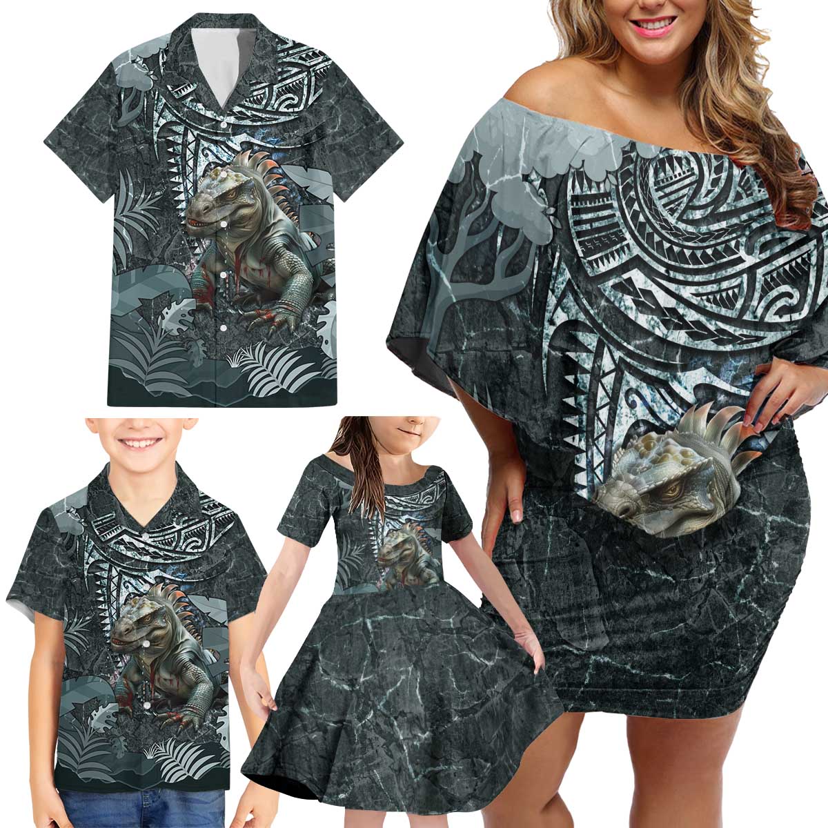 Hawaii Mo'o Lizard God Family Matching Off Shoulder Short Dress and Hawaiian Shirt Polynesian Style