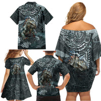 Hawaii Mo'o Lizard God Family Matching Off Shoulder Short Dress and Hawaiian Shirt Polynesian Style