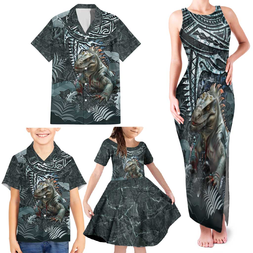 Hawaii Mo'o Lizard God Family Matching Tank Maxi Dress and Hawaiian Shirt Polynesian Style