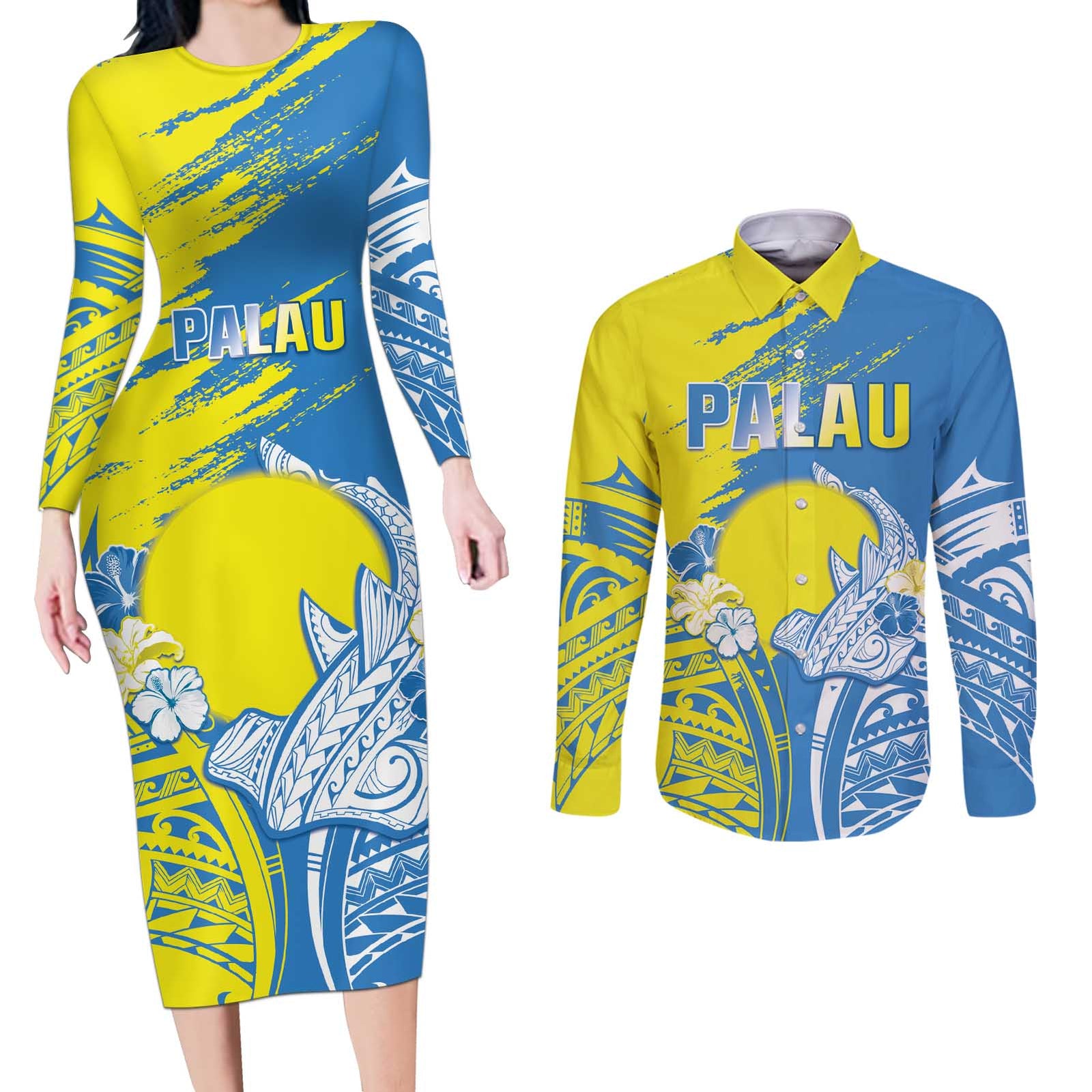 Palau Independence Day Couples Matching Long Sleeve Bodycon Dress and Long Sleeve Button Shirt Happy 30th Anniversary