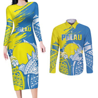 Palau Independence Day Couples Matching Long Sleeve Bodycon Dress and Long Sleeve Button Shirt Happy 30th Anniversary