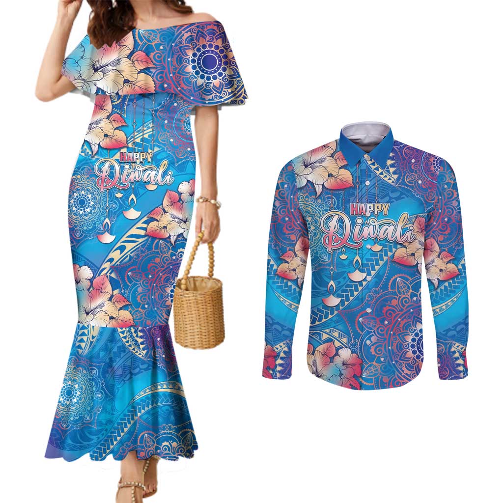 Happy Diwali Festival Couples Matching Mermaid Dress and Long Sleeve Button Shirt Diya Lamp Rangoli With Polynesian Pattern