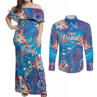 Happy Diwali Festival Couples Matching Off Shoulder Maxi Dress and Long Sleeve Button Shirt Diya Lamp Rangoli With Polynesian Pattern