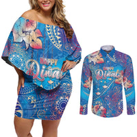 Happy Diwali Festival Couples Matching Off Shoulder Short Dress and Long Sleeve Button Shirt Diya Lamp Rangoli With Polynesian Pattern
