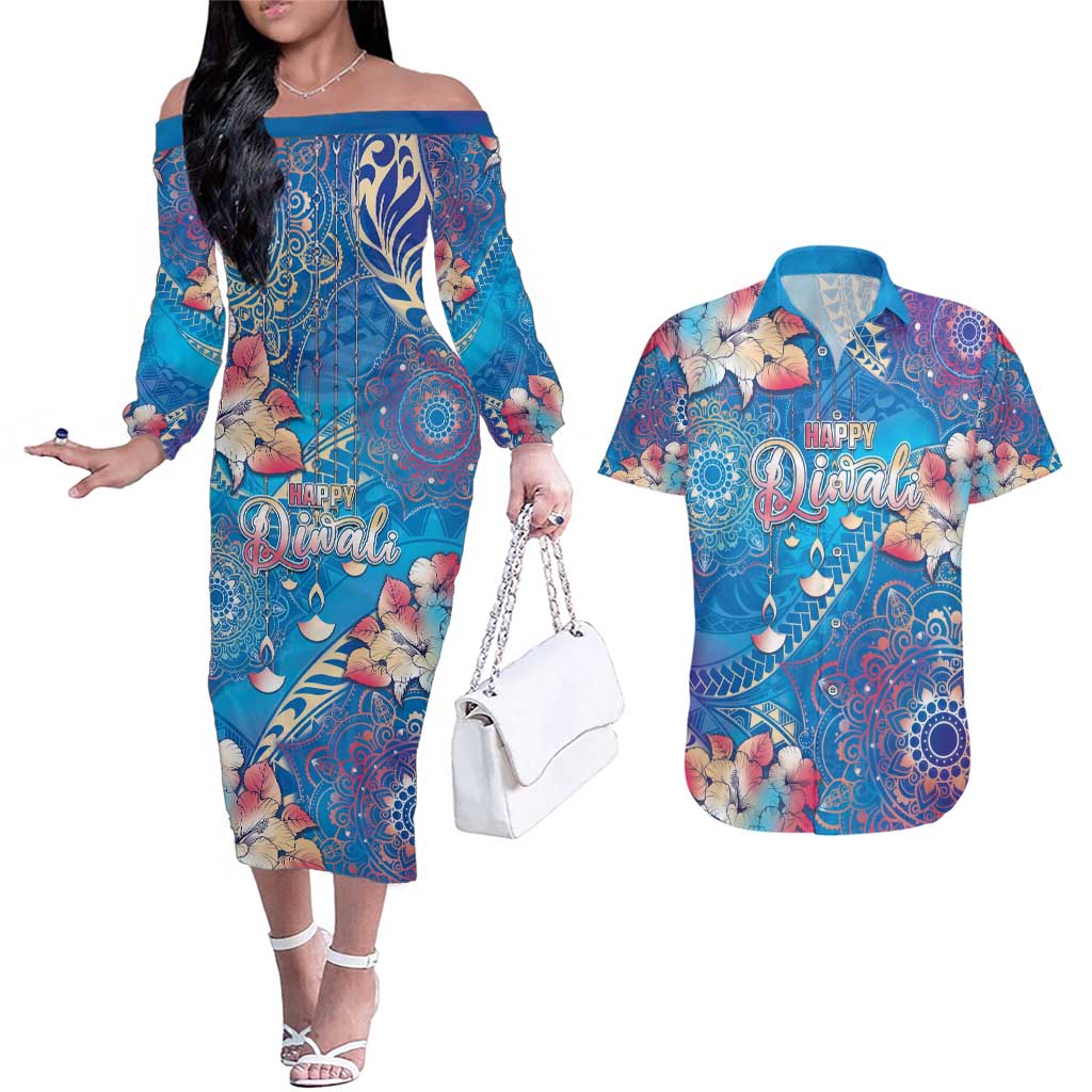 Happy Diwali Festival Couples Matching Off The Shoulder Long Sleeve Dress and Hawaiian Shirt Diya Lamp Rangoli With Polynesian Pattern
