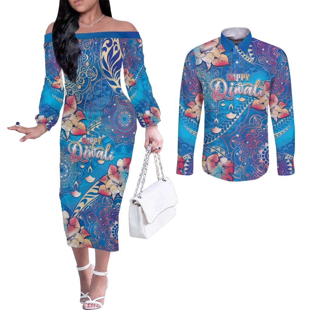 Happy Diwali Festival Couples Matching Off The Shoulder Long Sleeve Dress and Long Sleeve Button Shirt Diya Lamp Rangoli With Polynesian Pattern