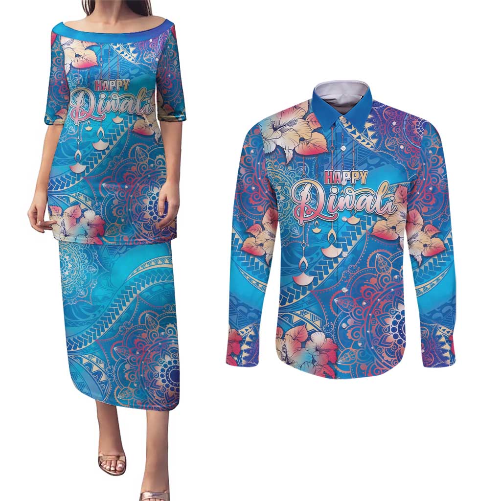 Happy Diwali Festival Couples Matching Puletasi and Long Sleeve Button Shirt Diya Lamp Rangoli With Polynesian Pattern LT05 Blue - Polynesian Pride