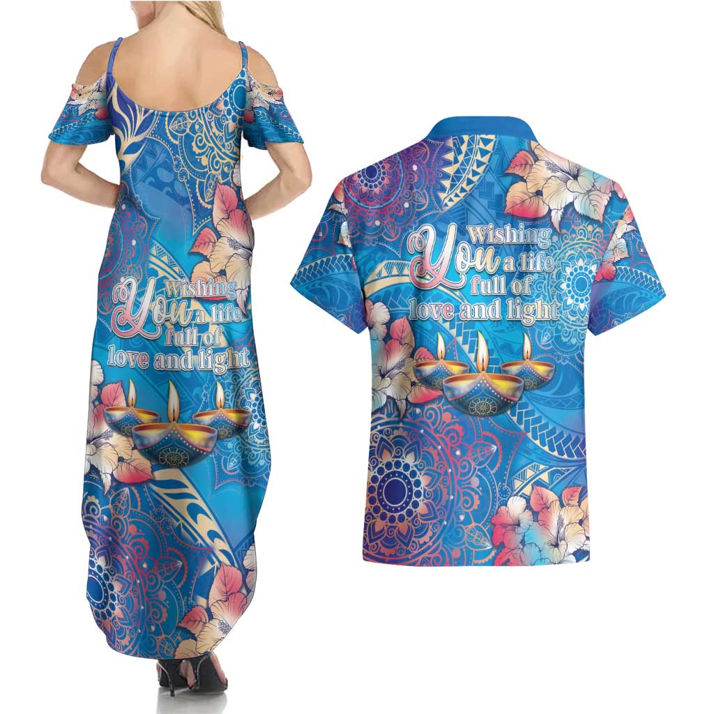 Happy Diwali Festival Couples Matching Summer Maxi Dress and Hawaiian Shirt Diya Lamp Rangoli With Polynesian Pattern