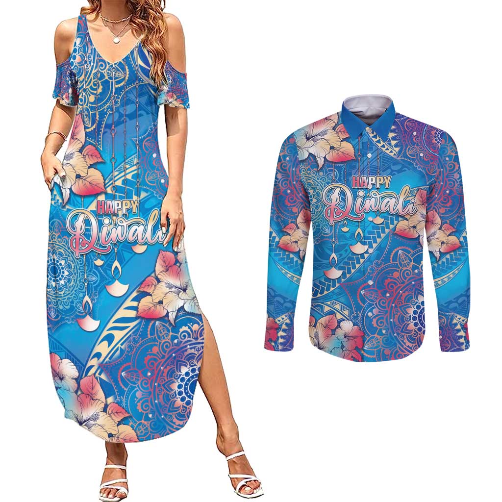Happy Diwali Festival Couples Matching Summer Maxi Dress and Long Sleeve Button Shirt Diya Lamp Rangoli With Polynesian Pattern