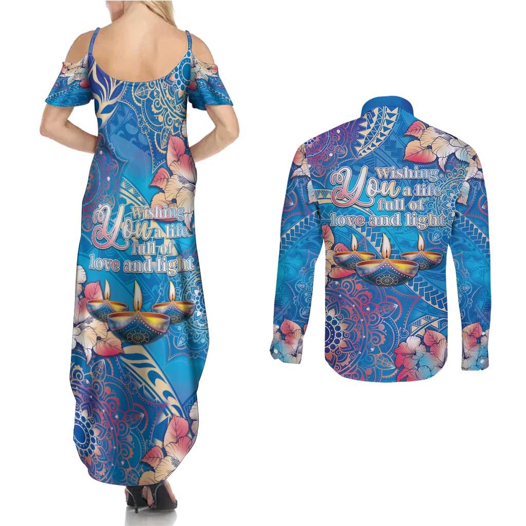 Happy Diwali Festival Couples Matching Summer Maxi Dress and Long Sleeve Button Shirt Diya Lamp Rangoli With Polynesian Pattern
