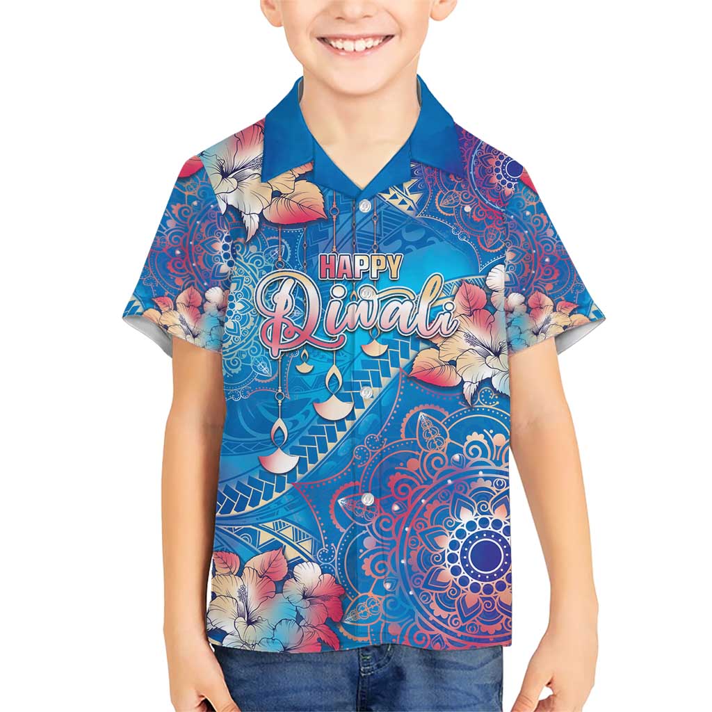 Happy Diwali Festival Family Matching Short Sleeve Bodycon Dress and Hawaiian Shirt Diya Lamp Rangoli With Polynesian Pattern