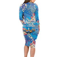 Happy Diwali Festival Long Sleeve Bodycon Dress Diya Lamp Rangoli With Polynesian Pattern