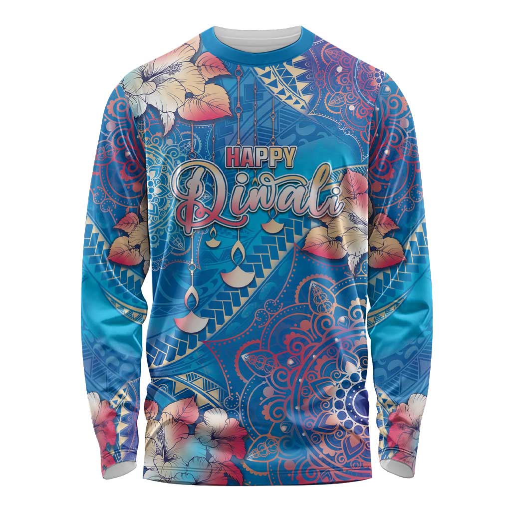 Happy Diwali Festival Long Sleeve Shirt Diya Lamp Rangoli With Polynesian Pattern