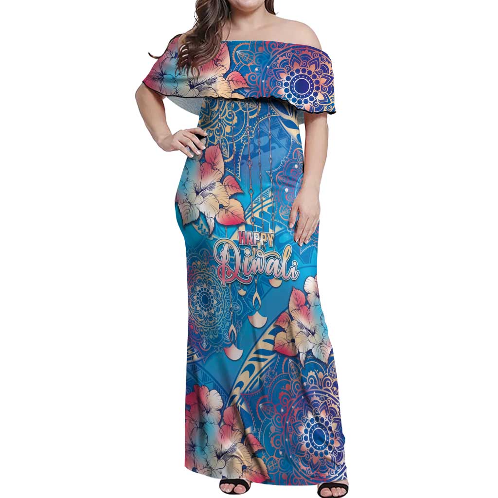Happy Diwali Festival Off Shoulder Maxi Dress Diya Lamp Rangoli With Polynesian Pattern LT05 Women Blue - Polynesian Pride