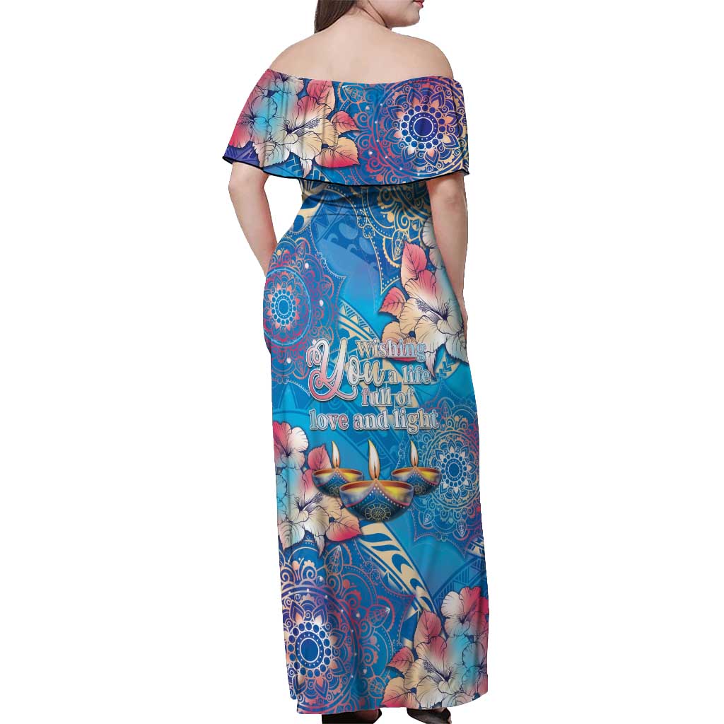 Happy Diwali Festival Off Shoulder Maxi Dress Diya Lamp Rangoli With Polynesian Pattern LT05 - Polynesian Pride