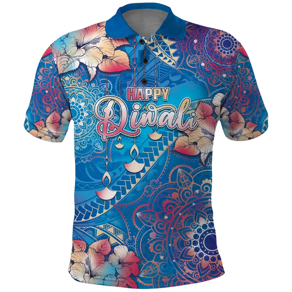 Happy Diwali Festival Polo Shirt Diya Lamp Rangoli With Polynesian Pattern LT05 Blue - Polynesian Pride