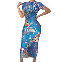 Happy Diwali Festival Short Sleeve Bodycon Dress Diya Lamp Rangoli With Polynesian Pattern