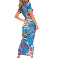 Happy Diwali Festival Short Sleeve Bodycon Dress Diya Lamp Rangoli With Polynesian Pattern