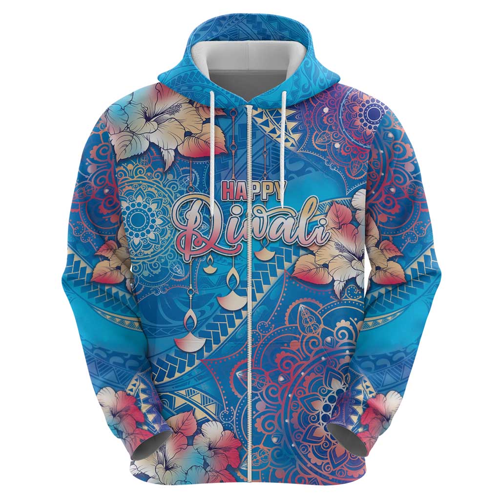 Happy Diwali Festival Zip Hoodie Diya Lamp Rangoli With Polynesian Pattern
