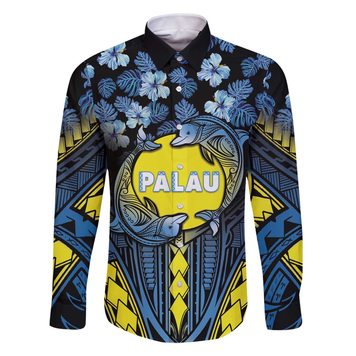 Personalised Palau Family Matching Off The Shoulder Long Sleeve Dress and Hawaiian Shirt Polynesian Dolphin Tropical Hibiscus Style