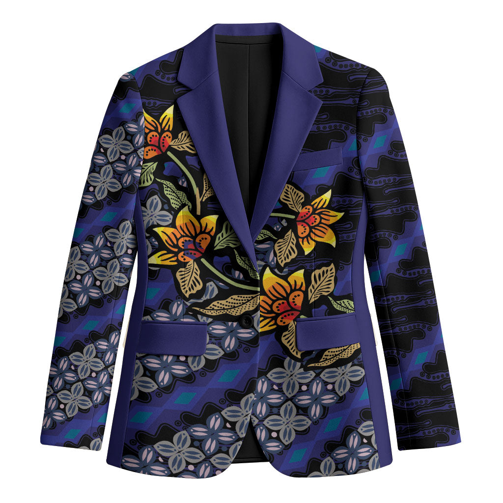 Indonesian Batik Motifs Pattern Floral Art Dark Blue Blazer LT05 Unisex Blue - Polynesian Pride