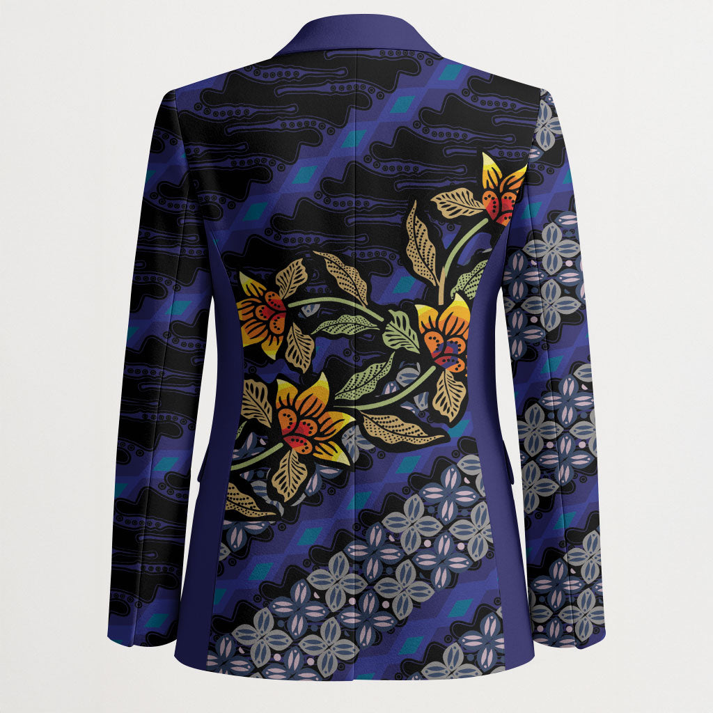 Indonesian Batik Motifs Pattern Floral Art Dark Blue Blazer LT05 - Polynesian Pride