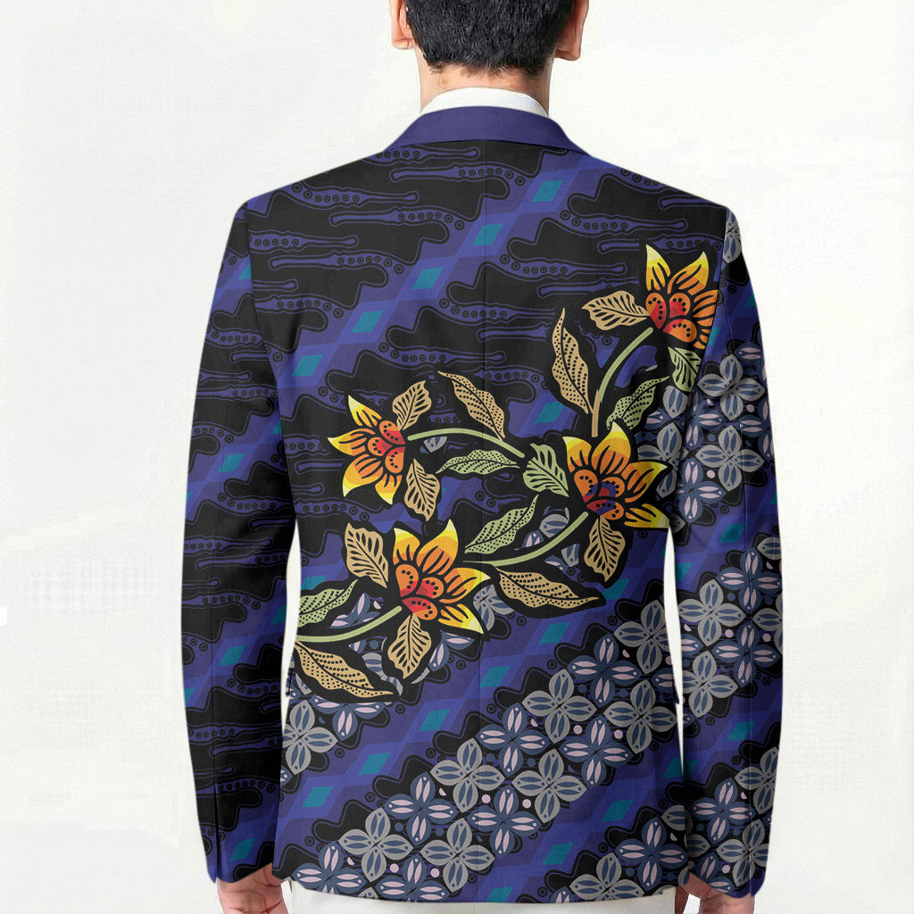 Indonesian Batik Motifs Pattern Floral Art Dark Blue Blazer LT05 - Polynesian Pride