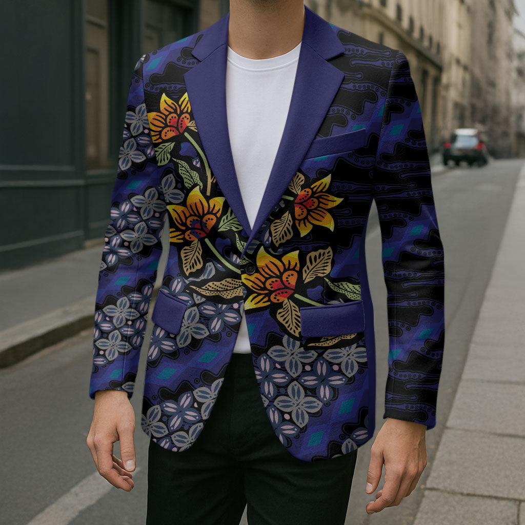 Indonesian Batik Motifs Pattern Floral Art Dark Blue Blazer LT05 - Polynesian Pride