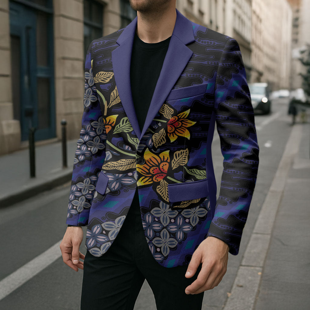 Indonesian Batik Motifs Pattern Floral Art Dark Blue Blazer LT05 - Polynesian Pride