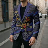 Indonesian Batik Motifs Pattern Floral Art Dark Blue Blazer LT05 - Polynesian Pride