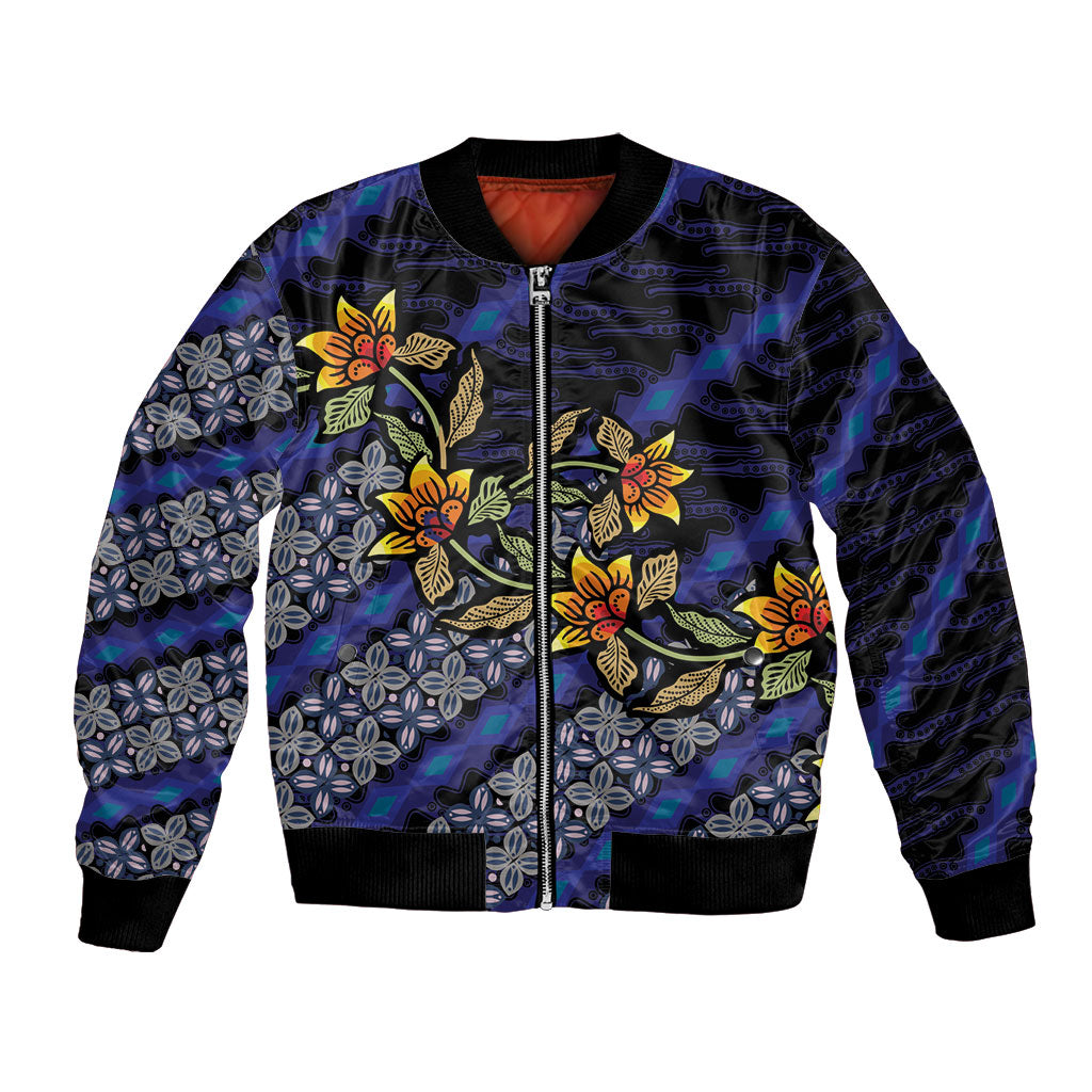 Indonesian Batik Motifs Pattern Floral Art Dark Blue Bomber Jacket LT05 Unisex Blue - Polynesian Pride