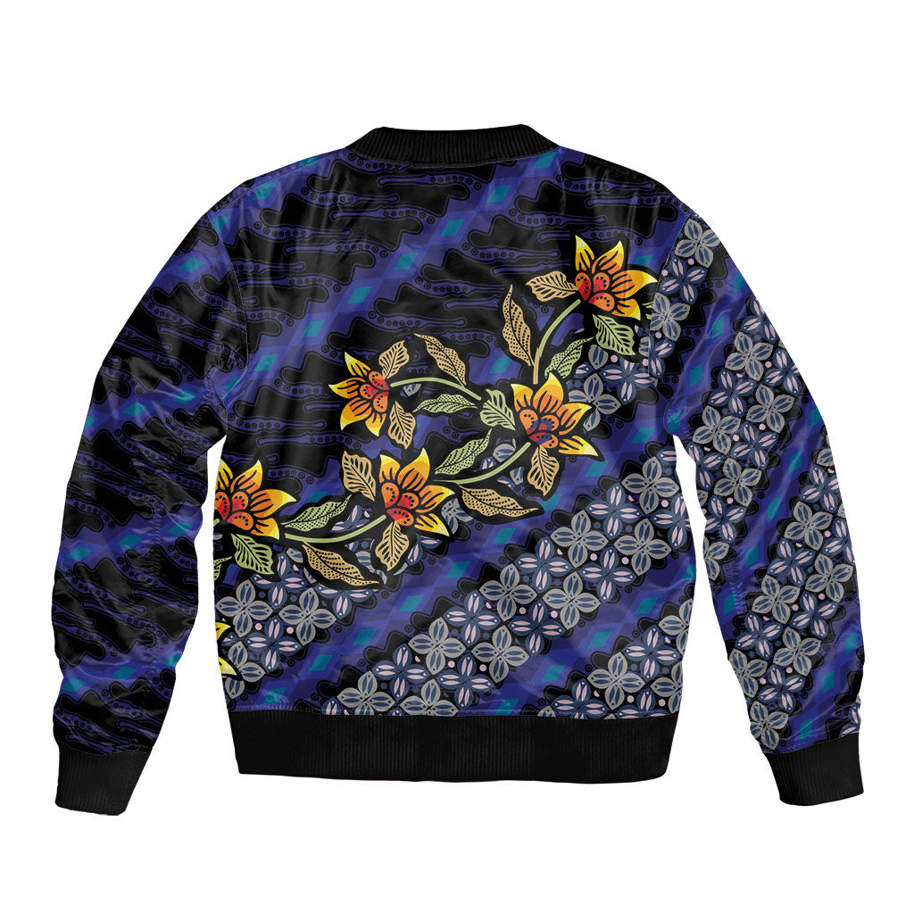 Indonesian Batik Motifs Pattern Floral Art Dark Blue Bomber Jacket LT05 - Polynesian Pride
