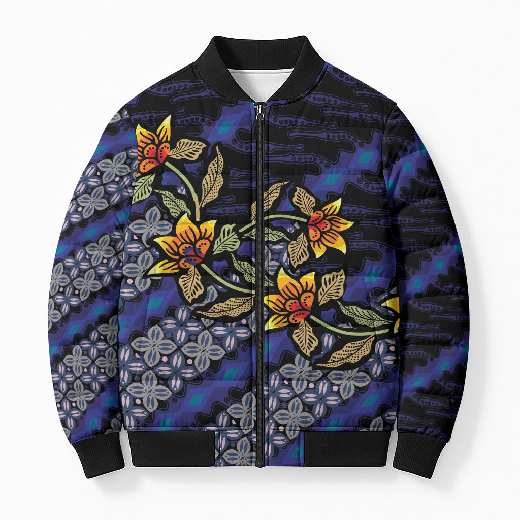 Indonesian Batik Motifs Pattern Floral Art Dark Blue Bomber Puffer Jacket LT05 Unisex Blue - Polynesian Pride