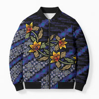 Indonesian Batik Motifs Pattern Floral Art Dark Blue Bomber Puffer Jacket LT05 Unisex Blue - Polynesian Pride