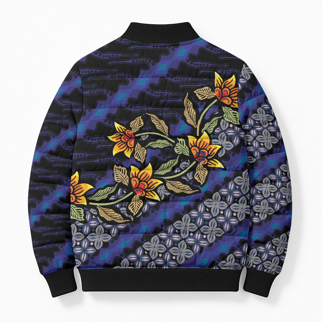 Indonesian Batik Motifs Pattern Floral Art Dark Blue Bomber Puffer Jacket LT05 - Polynesian Pride