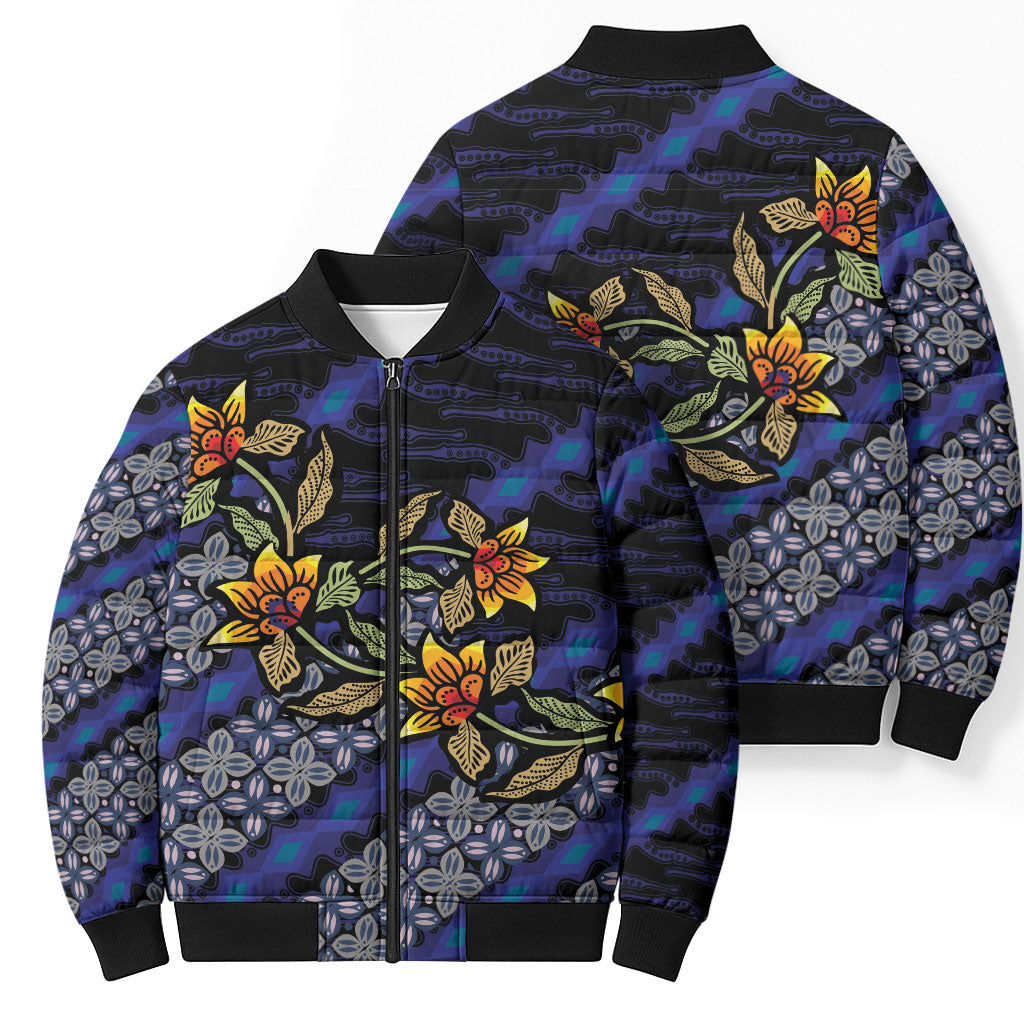 Indonesian Batik Motifs Pattern Floral Art Dark Blue Bomber Puffer Jacket LT05 - Polynesian Pride