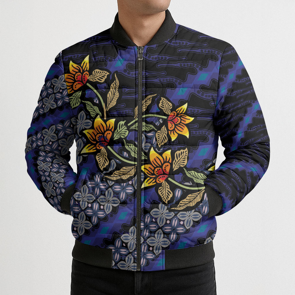 Indonesian Batik Motifs Pattern Floral Art Dark Blue Bomber Puffer Jacket LT05 - Polynesian Pride