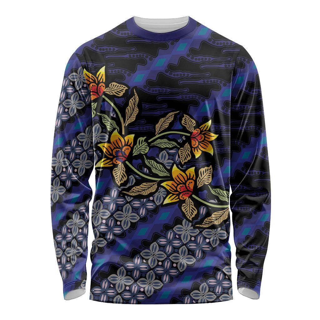 Indonesian Batik Motifs Pattern Floral Art Dark Blue Long Sleeve Shirt LT05 Unisex Blue - Polynesian Pride