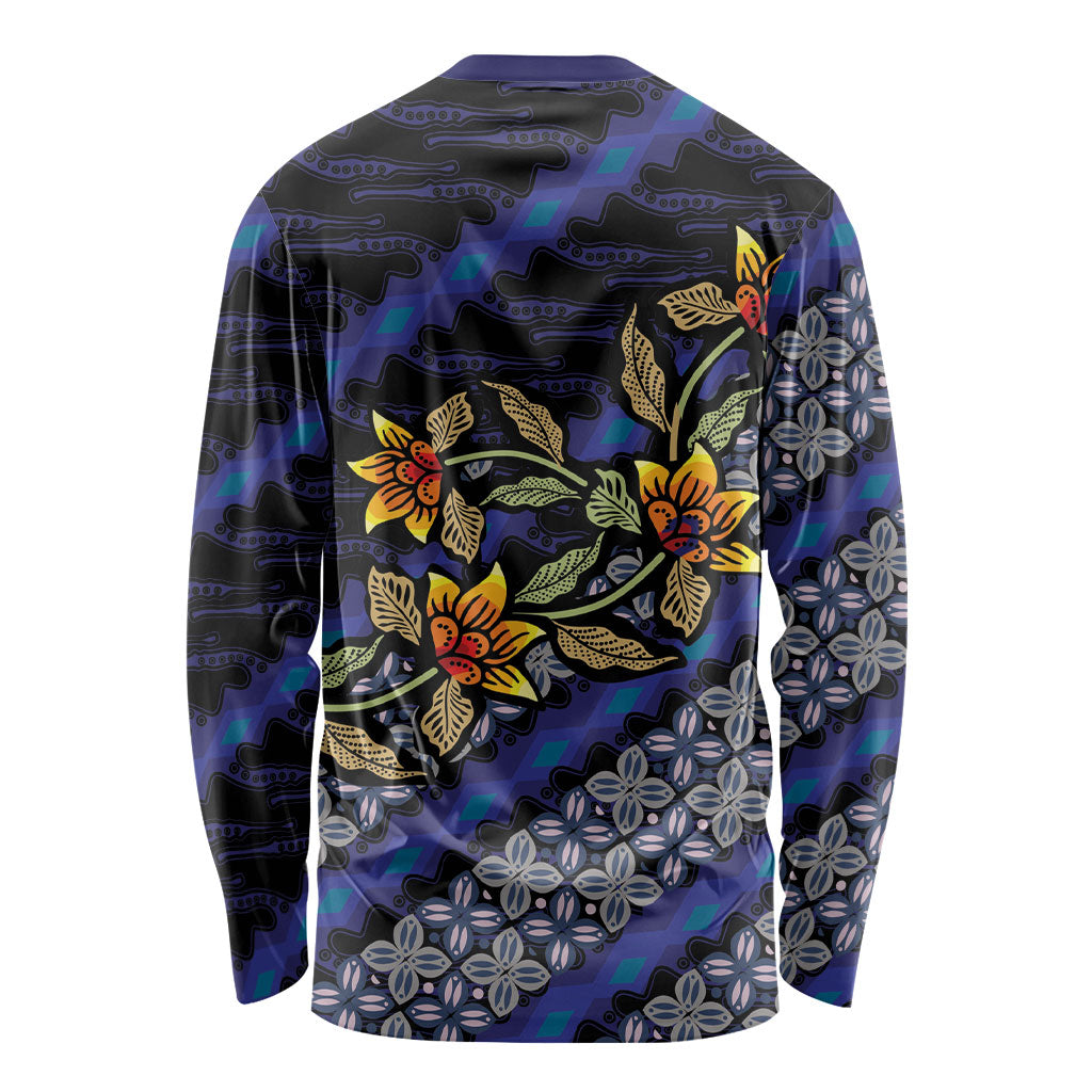 Indonesian Batik Motifs Pattern Floral Art Dark Blue Long Sleeve Shirt LT05 - Polynesian Pride