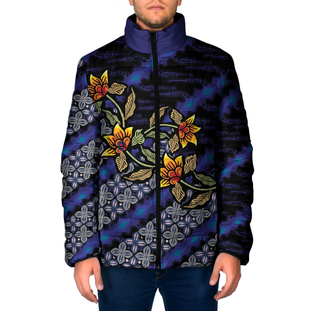 Indonesian Batik Motifs Pattern Floral Art Dark Blue Padded Jacket LT05 Men Blue - Polynesian Pride