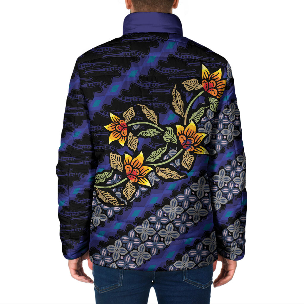 Indonesian Batik Motifs Pattern Floral Art Dark Blue Padded Jacket LT05 - Polynesian Pride