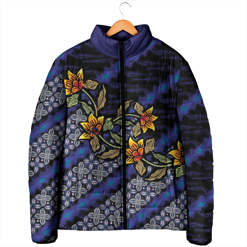 Indonesian Batik Motifs Pattern Floral Art Dark Blue Padded Jacket LT05 - Polynesian Pride