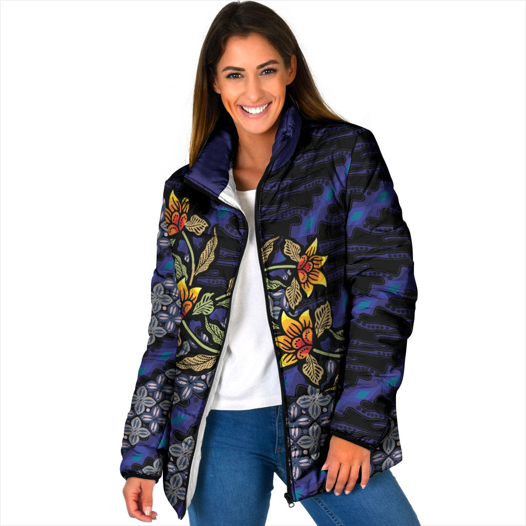 Indonesian Batik Motifs Pattern Floral Art Dark Blue Padded Jacket LT05 Women Blue - Polynesian Pride