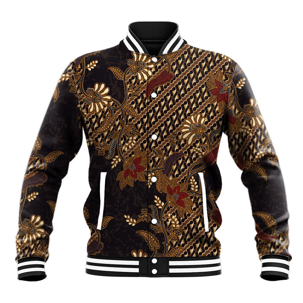 Indonesian Parang Batik Baseball Jacket Brown Gold Floral Pattern LT05 Unisex Brown - Polynesian Pride