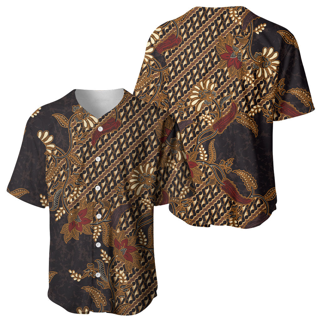 Indonesian Parang Batik Baseball Jersey Brown Gold Floral Pattern LT05 - Polynesian Pride