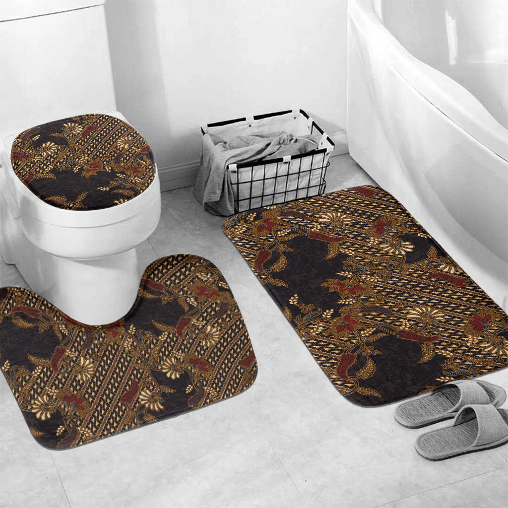 Indonesian Parang Batik Bathroom Set Brown Gold Floral Pattern LT05 Mat Set Only (3 pcs) One Size Brown - Polynesian Pride