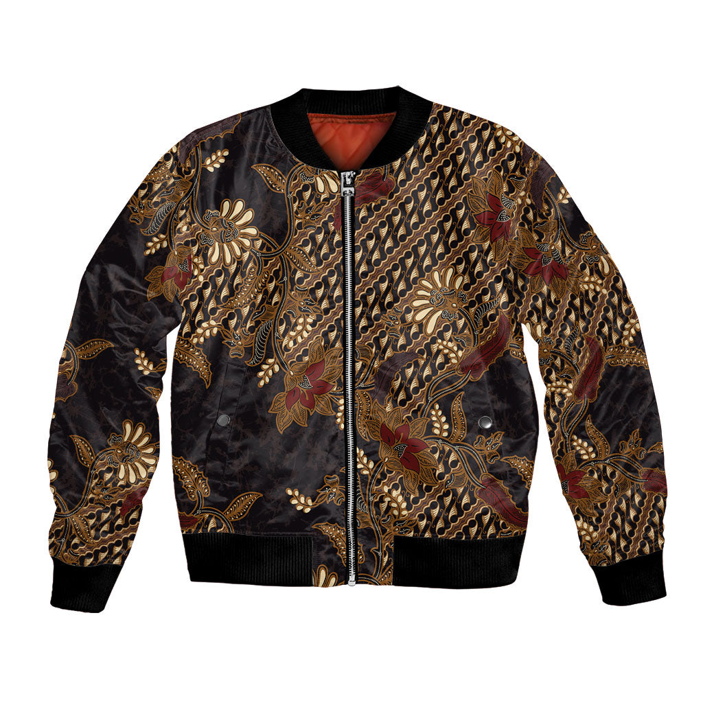 Indonesian Parang Batik Bomber Jacket Brown Gold Floral Pattern LT05 Unisex Brown - Polynesian Pride