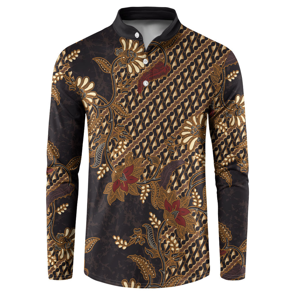 Indonesian Parang Batik Button Sweatshirt Brown Gold Floral Pattern LT05 Brown - Polynesian Pride