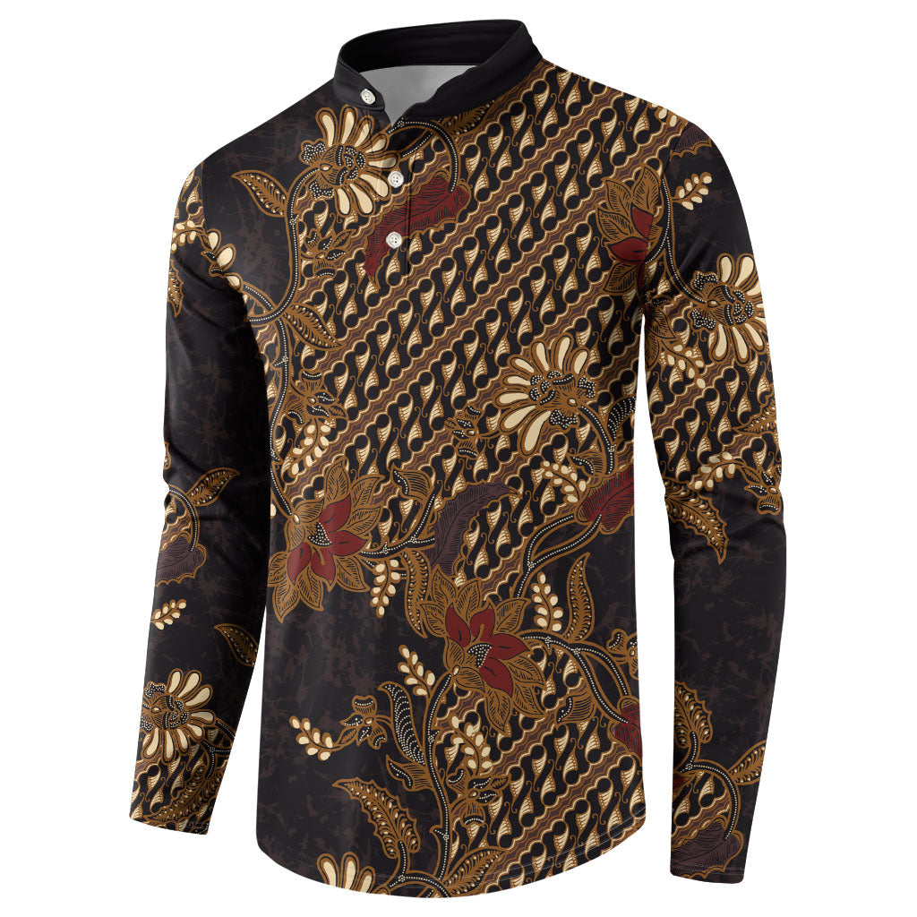 Indonesian Parang Batik Button Sweatshirt Brown Gold Floral Pattern LT05 - Polynesian Pride